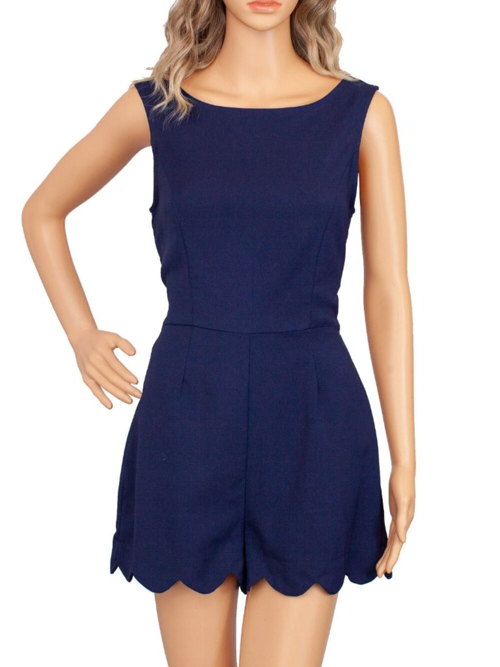 Monteau Los Angeles Navy Scallop Hem Romper Medium Open Button Back Sleeveless